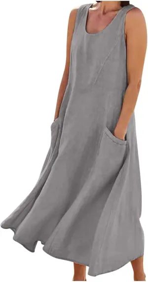 Summer Dresses for Women 2025 Cotton Linen Sleeveless Maxi Dress Casual Beach Plus Size Sundresses with Pockets