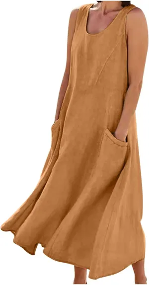 Summer Dresses for Women 2025 Cotton Linen Sleeveless Maxi Dress Casual Beach Plus Size Sundresses with Pockets