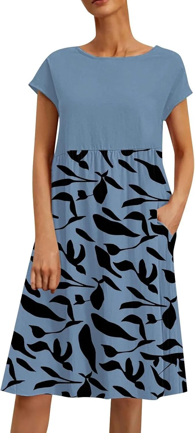 Summer Dresses for Women 2025 Floral Print Wrap Short Sleeve Maxi Dress Patchwork Ruffle Hem A Line Dress
