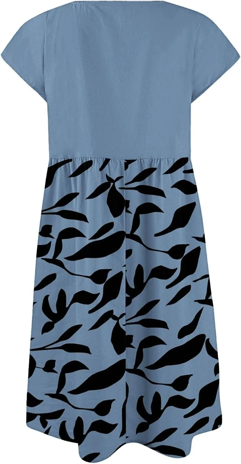 Summer Dresses for Women 2025 Floral Print Wrap Short Sleeve Maxi Dress Patchwork Ruffle Hem A Line Dress