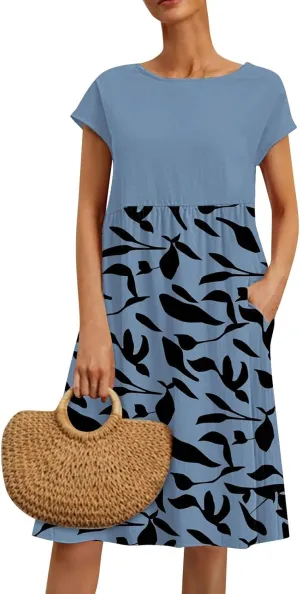 Summer Dresses for Women 2025 Floral Print Wrap Short Sleeve Maxi Dress Patchwork Ruffle Hem A Line Dress