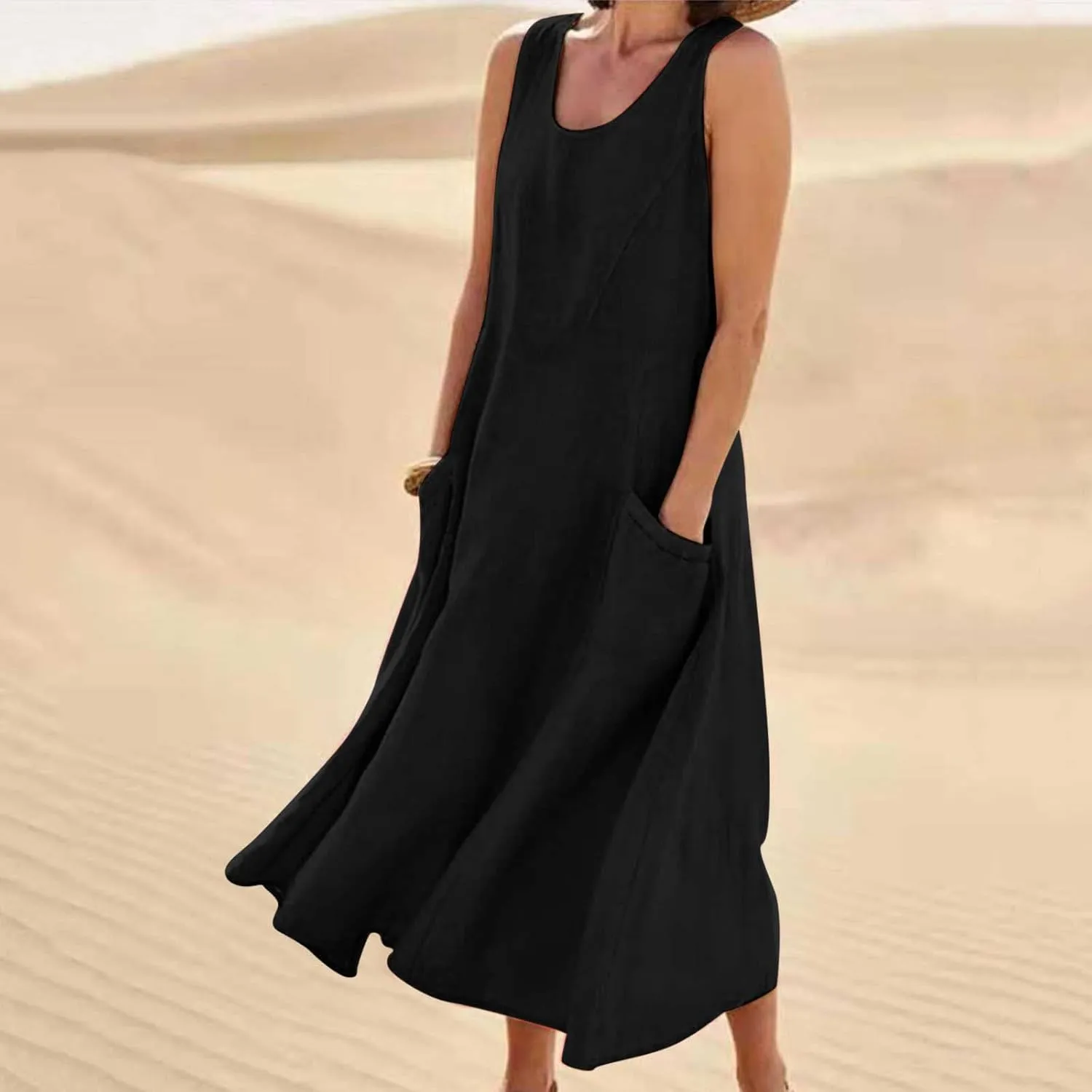 Summer Dresses for Women 2025 Linen Sleeveless Maxi Sundresses with Pockets