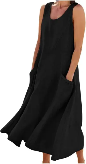 Summer Dresses for Women 2025 Linen Sleeveless Maxi Sundresses with Pockets