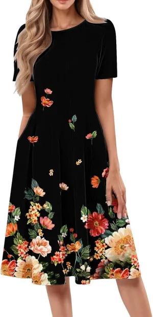 Summer Dresses for Women 2025 Midi Short Sleeve Round Neck Dresses Elegant Pleated with Side Pocket A Line Dress