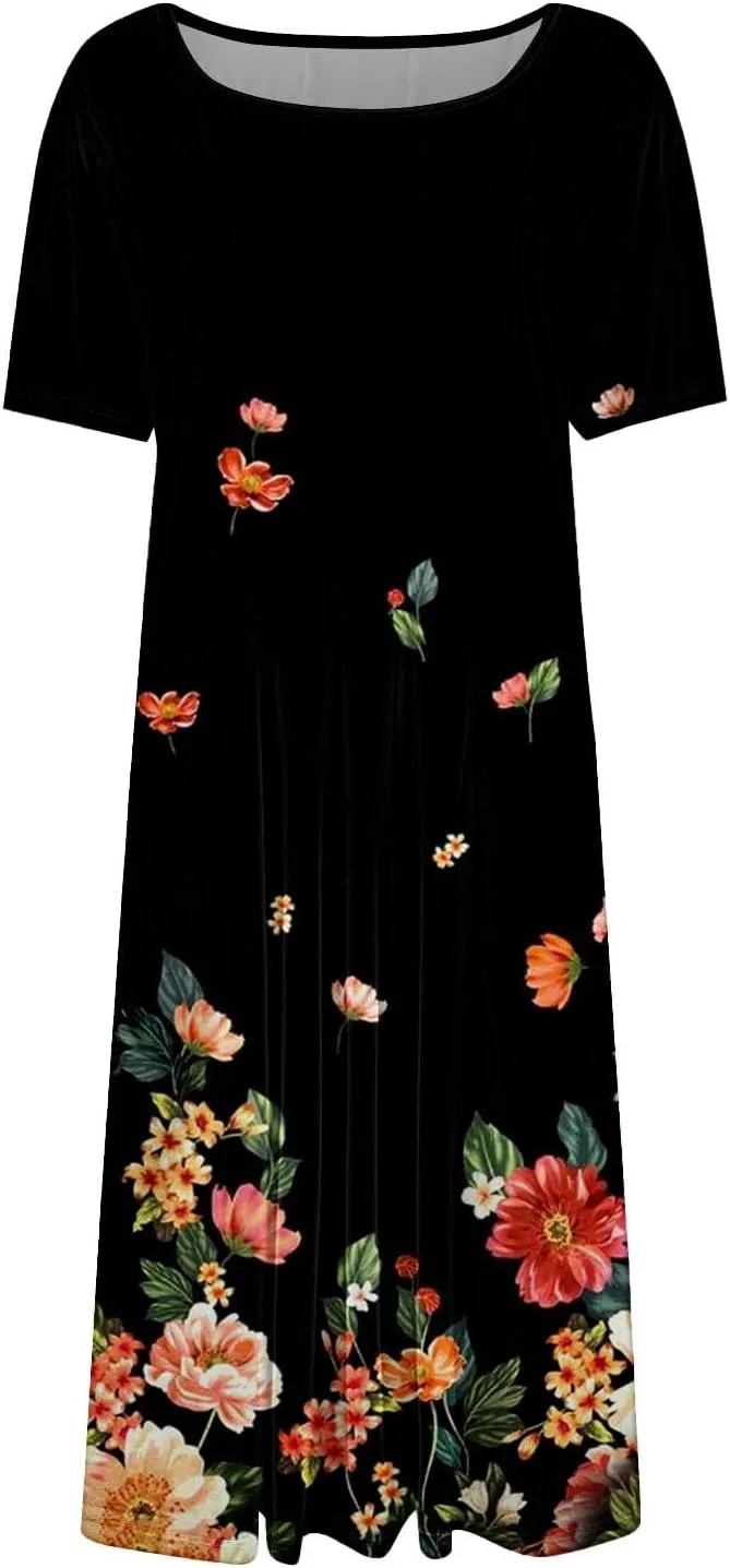 Summer Dresses for Women 2025 Midi Short Sleeve Round Neck Dresses Elegant Pleated with Side Pocket A Line Dress