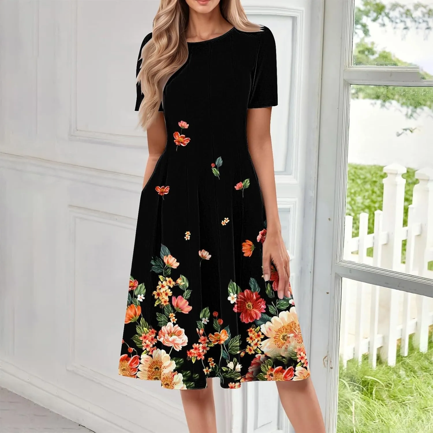 Summer Dresses for Women 2025 Midi Short Sleeve Round Neck Dresses Elegant Pleated with Side Pocket A Line Dress