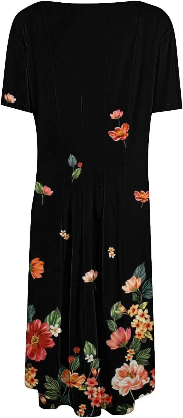 Summer Dresses for Women 2025 Midi Short Sleeve Round Neck Dresses Elegant Pleated with Side Pocket A Line Dress