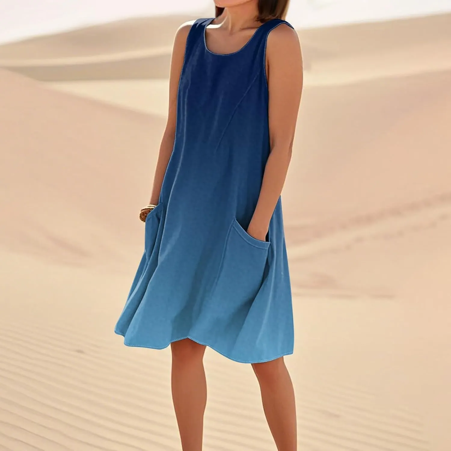 Summer Dresses for Women 2025 Scoop Neck Sleeveless Midi Linen Dress Beach Vacation Sundresses with Pockets