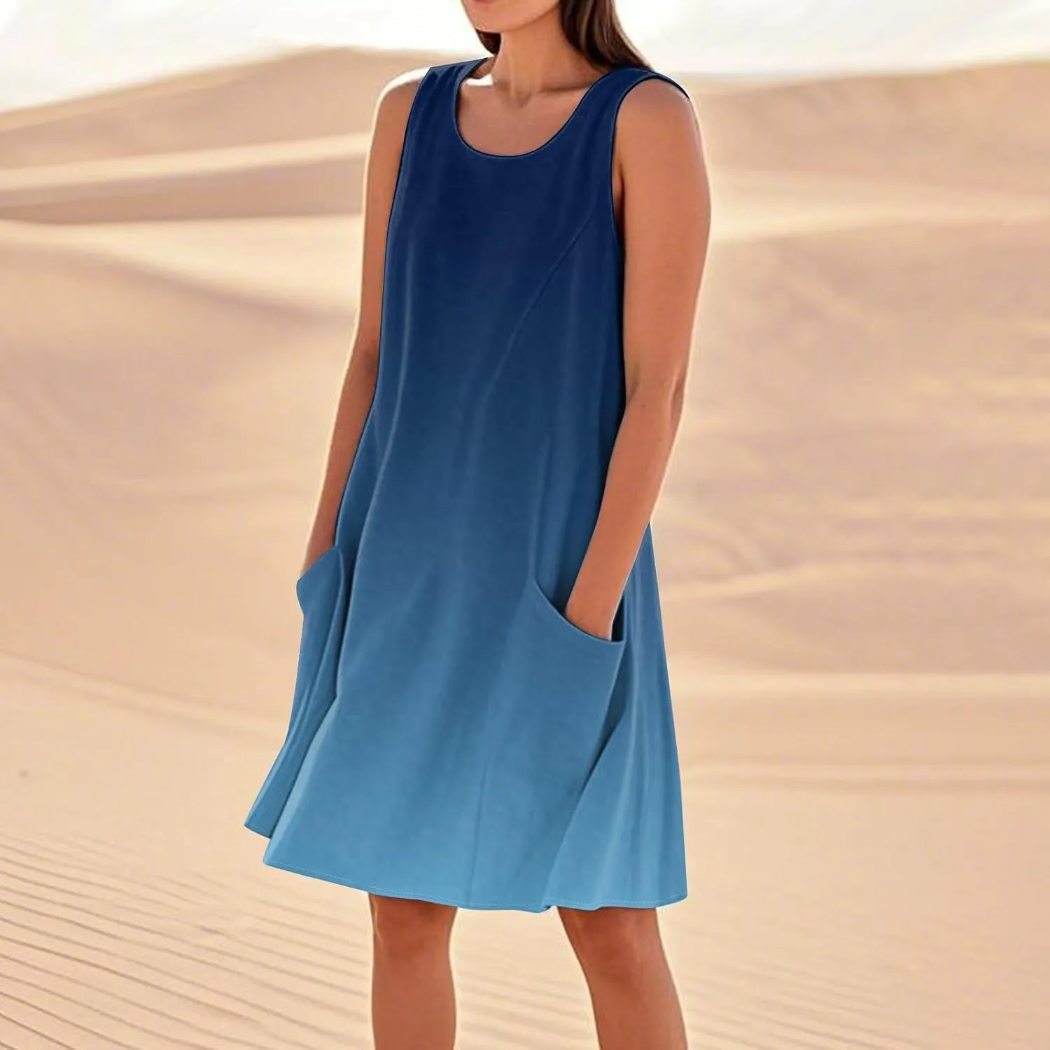 Summer Dresses for Women 2025 Scoop Neck Sleeveless Midi Linen Dress Beach Vacation Sundresses with Pockets