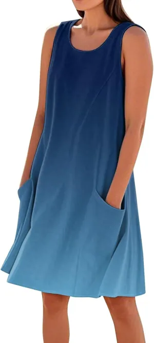 Summer Dresses for Women 2025 Scoop Neck Sleeveless Midi Linen Dress Beach Vacation Sundresses with Pockets