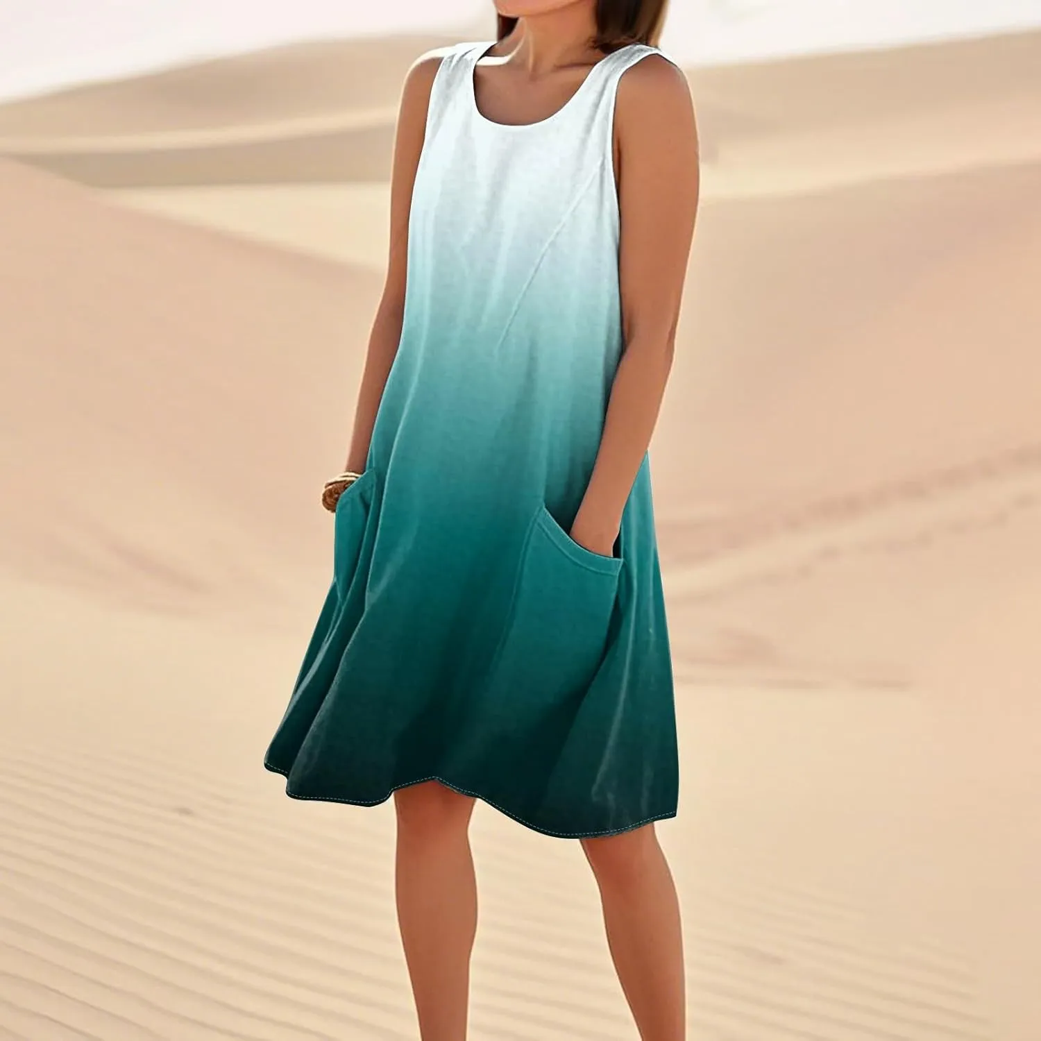 Summer Dresses for Women 2025 Scoop Neck Sleeveless Midi Linen Dress Beach Vacation Sundresses with Pockets