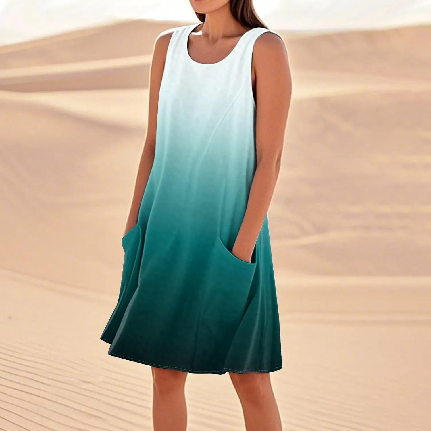 Summer Dresses for Women 2025 Scoop Neck Sleeveless Midi Linen Dress Beach Vacation Sundresses with Pockets