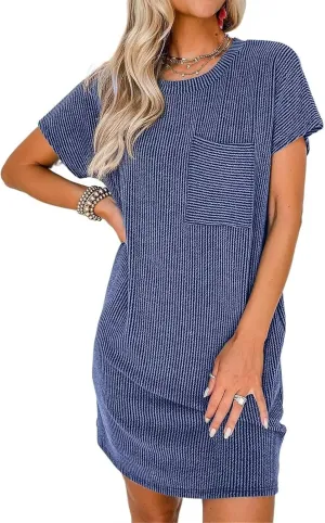 Summer Dresses for Women 2025 Short Sleeve Crew Neck Textured Mini Dress with Pocket Casual Beach Sundress