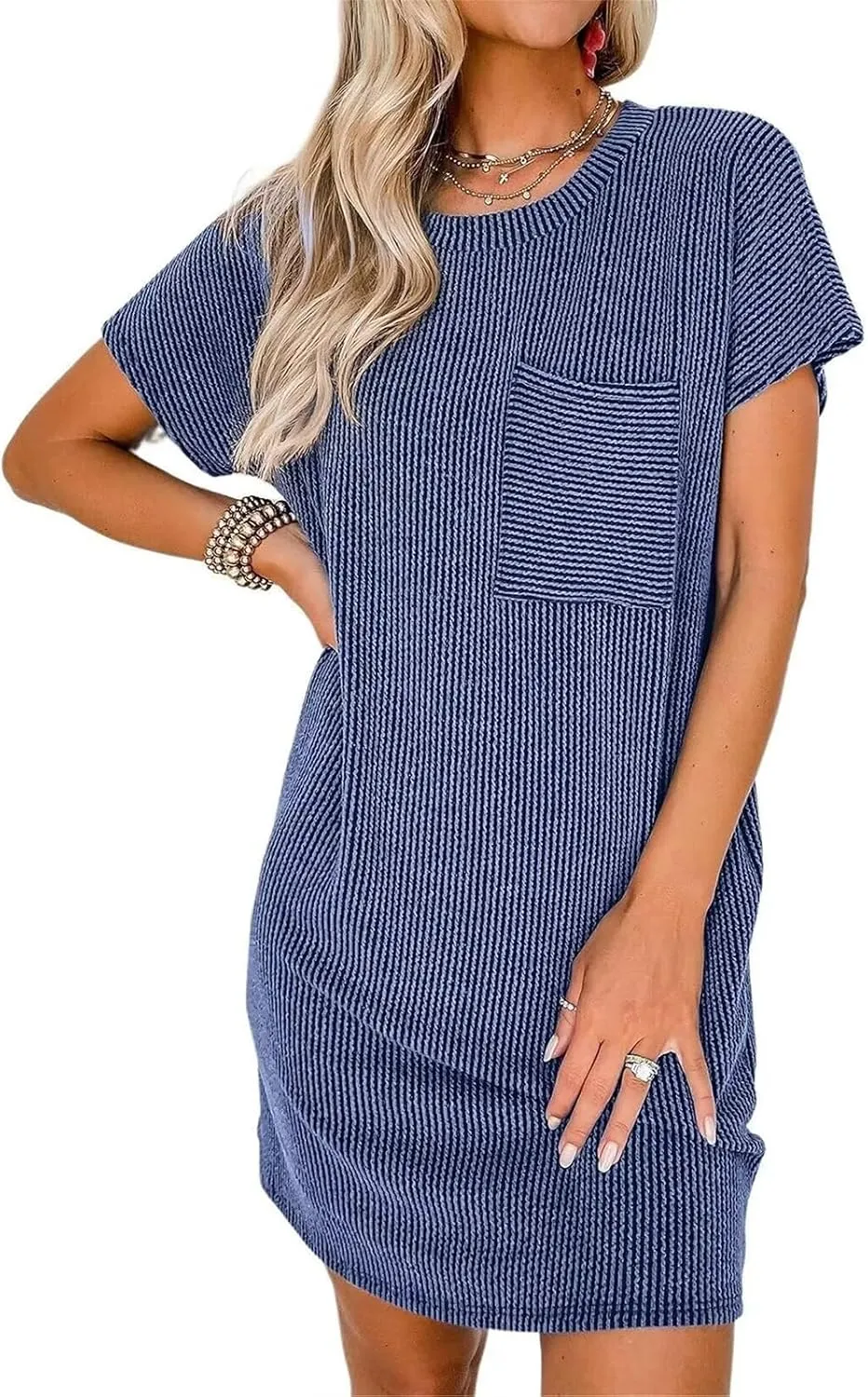 Summer Dresses for Women 2025 Short Sleeve Crew Neck Textured Mini Dress with Pocket Casual Beach Sundress