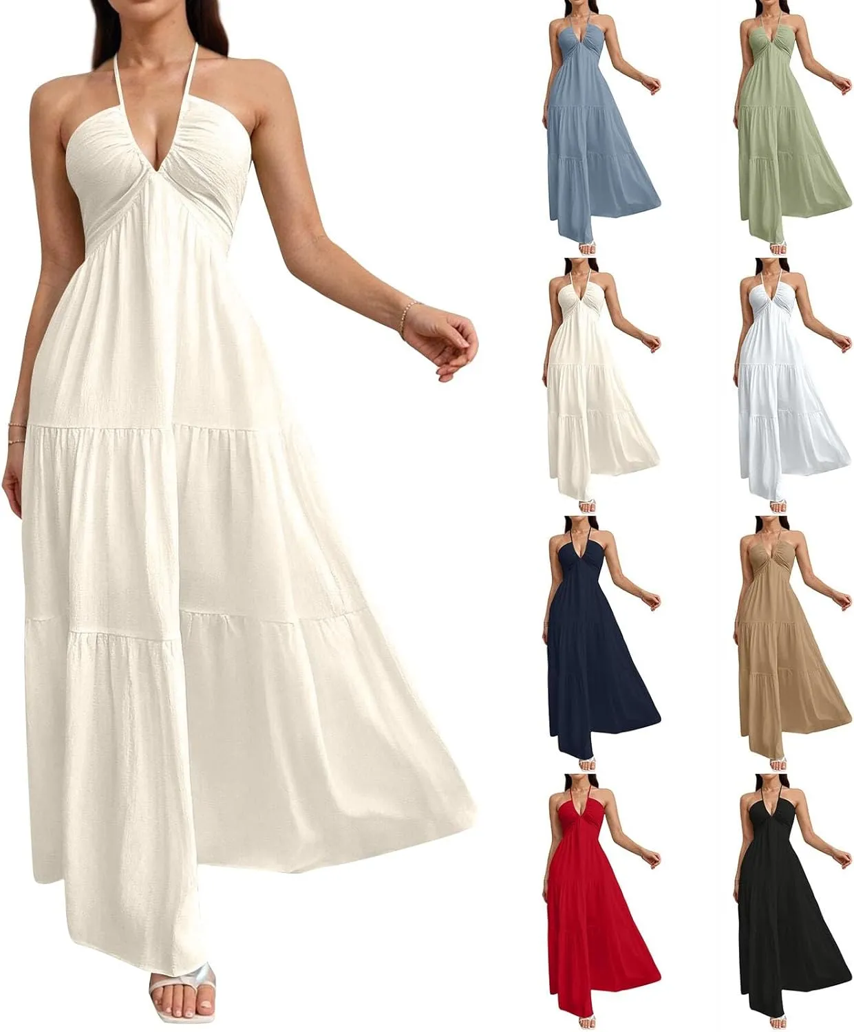 Summer Dresses for Women 2025 Spaghetti Strap Halter V Neck Maxi Dress Bow Tie Backless Ruffle A Line Prom Dress