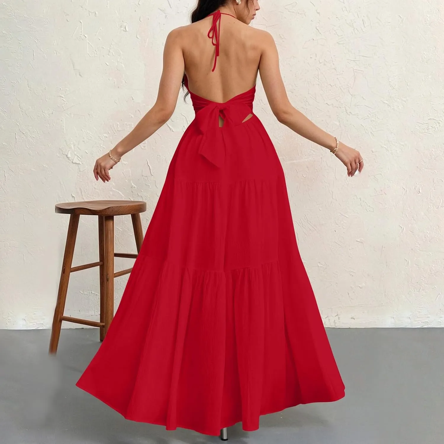 Summer Dresses for Women 2025 Spaghetti Strap Halter V Neck Maxi Dress Bow Tie Backless Ruffle A Line Prom Dress