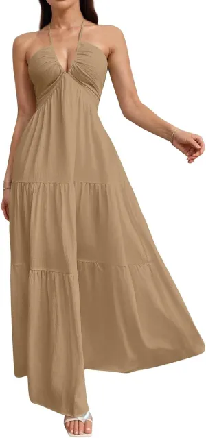 Summer Dresses for Women 2025 Spaghetti Strap Halter V Neck Maxi Dress Bow Tie Backless Ruffle A Line Prom Dress