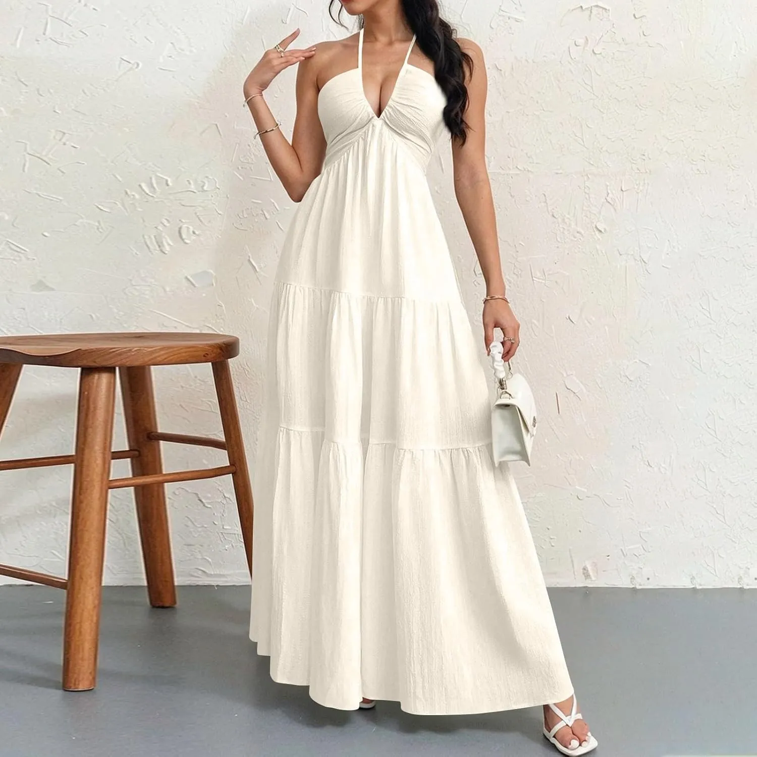 Summer Dresses for Women 2025 Spaghetti Strap Halter V Neck Maxi Dress Bow Tie Backless Ruffle A Line Prom Dress