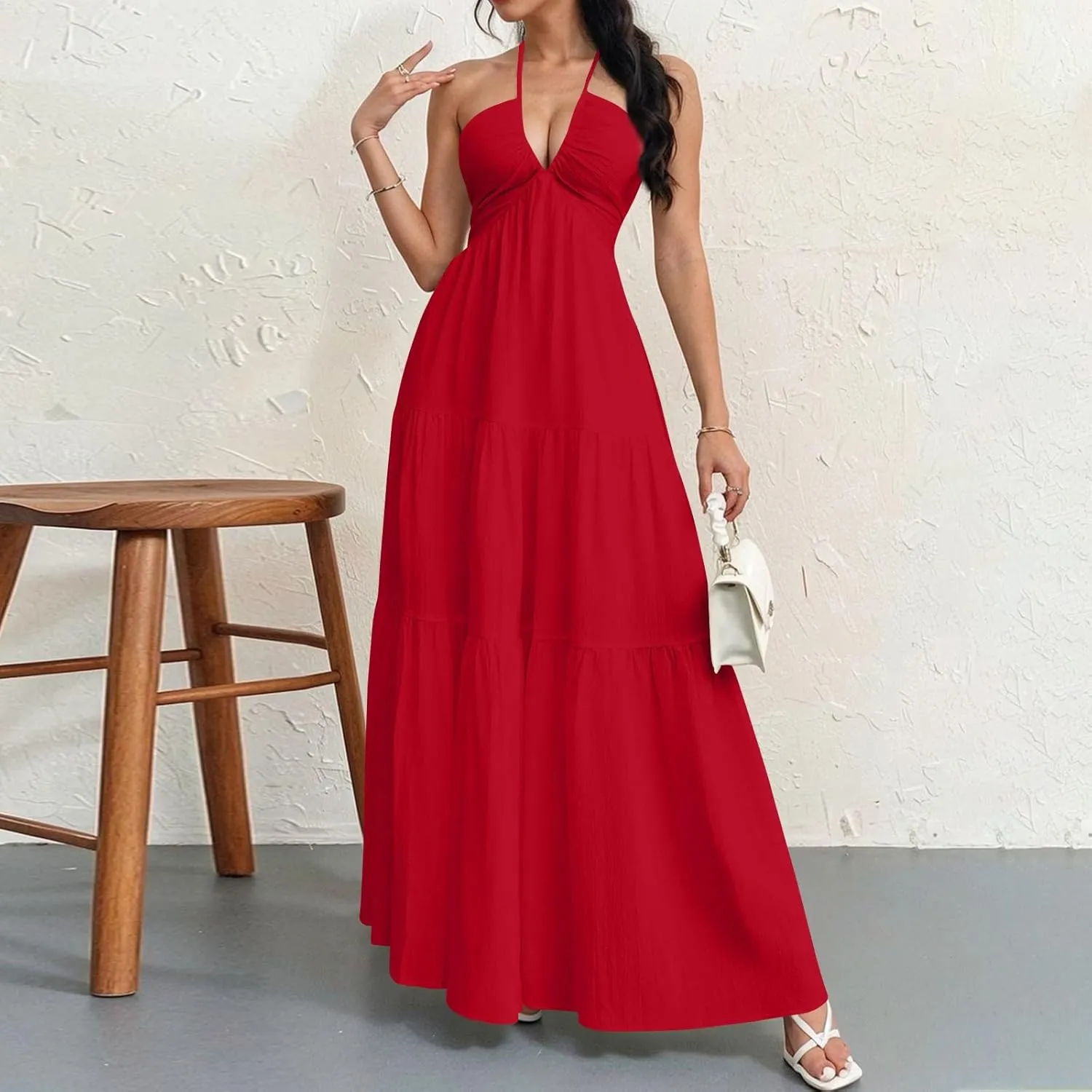 Summer Dresses for Women 2025 Spaghetti Strap Halter V Neck Maxi Dress Bow Tie Backless Ruffle A Line Prom Dress