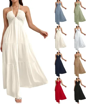 Summer Dresses for Women 2025 Spaghetti Strap Halter V Neck Maxi Dress Bow Tie Backless Ruffle A Line Prom Dress