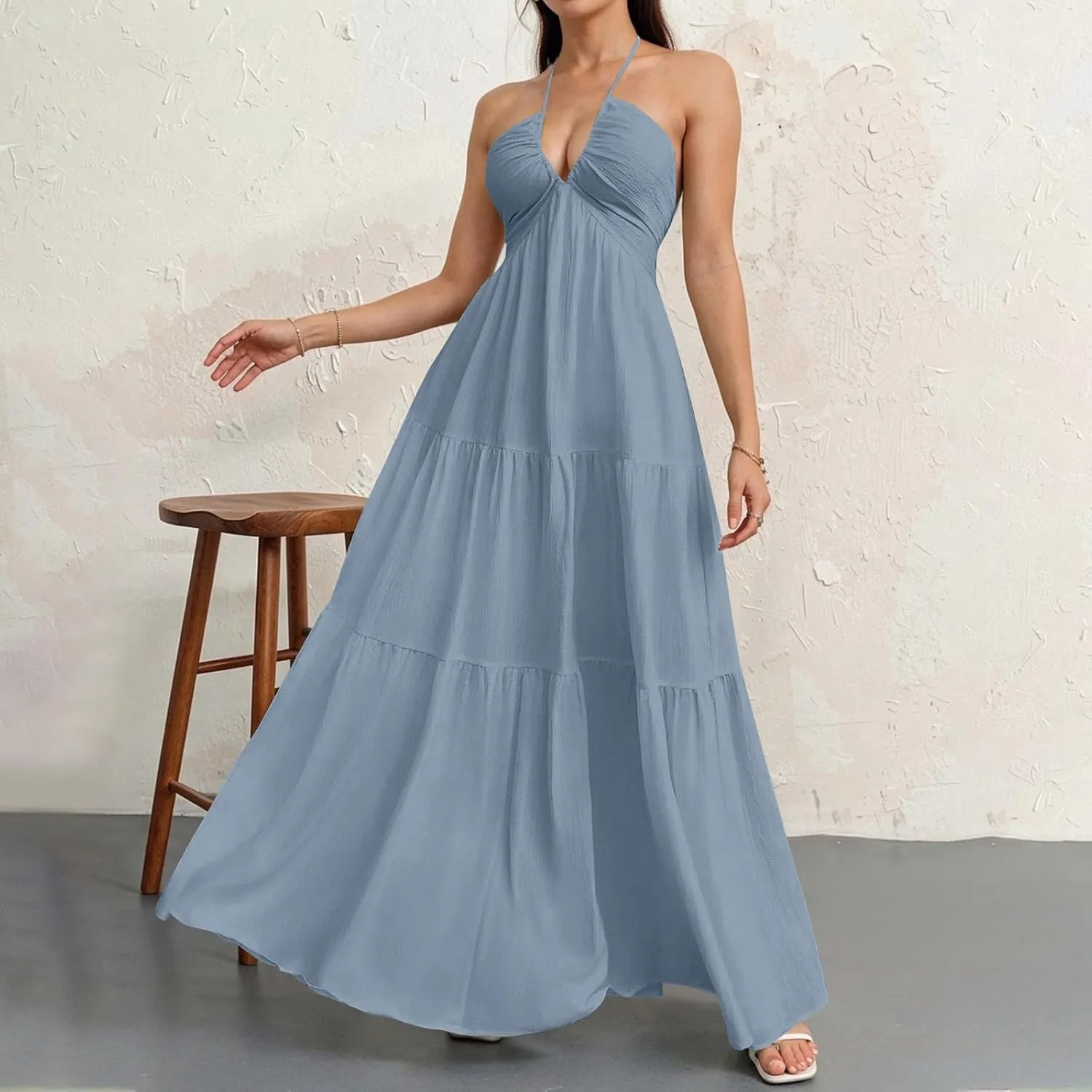 Summer Dresses for Women 2025 Spaghetti Strap Halter V Neck Maxi Dress Bow Tie Backless Ruffle A Line Prom Dress