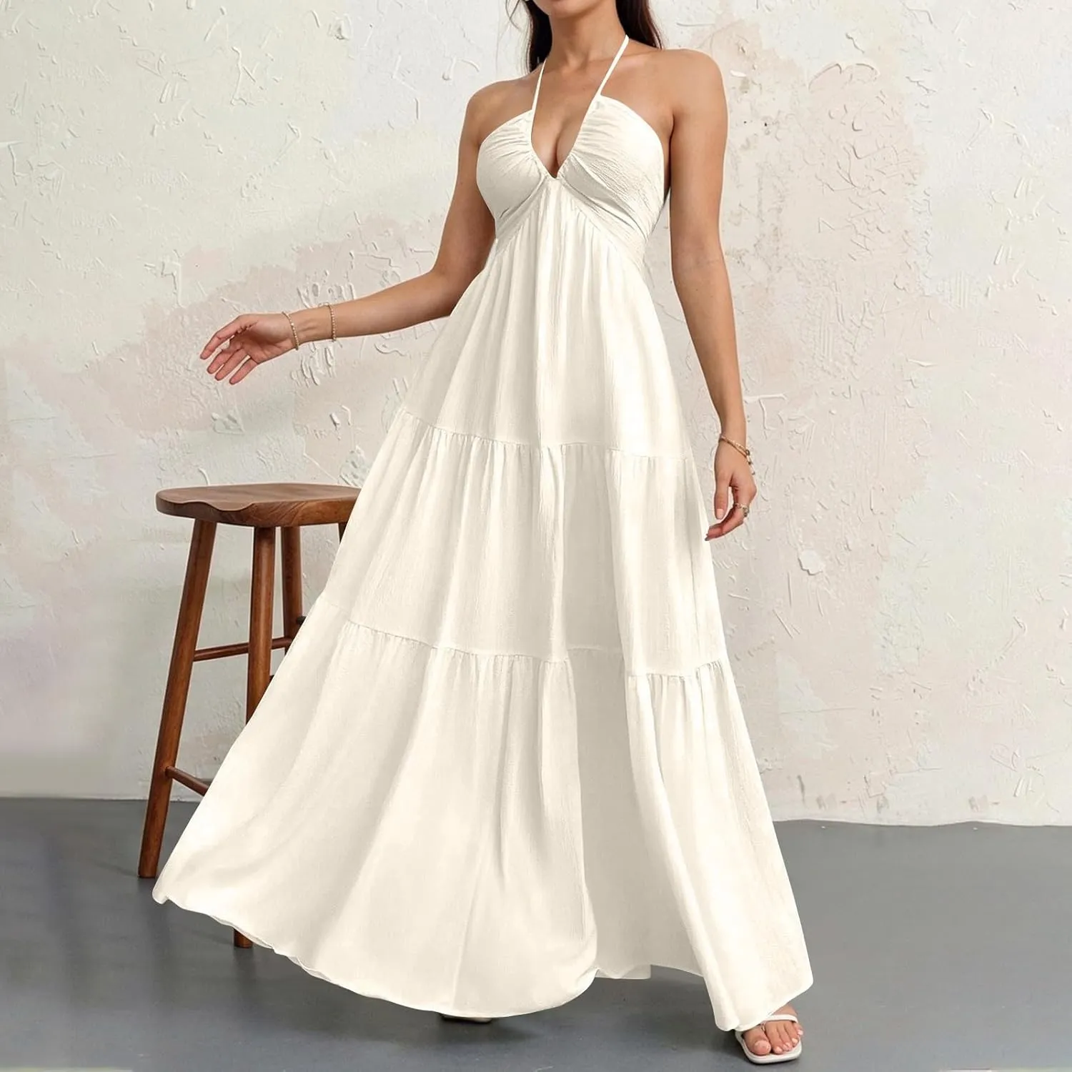 Summer Dresses for Women 2025 Spaghetti Strap Halter V Neck Maxi Dress Bow Tie Backless Ruffle A Line Prom Dress