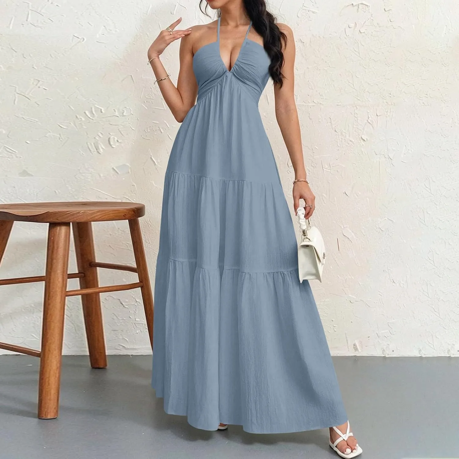Summer Dresses for Women 2025 Spaghetti Strap Halter V Neck Maxi Dress Bow Tie Backless Ruffle A Line Prom Dress