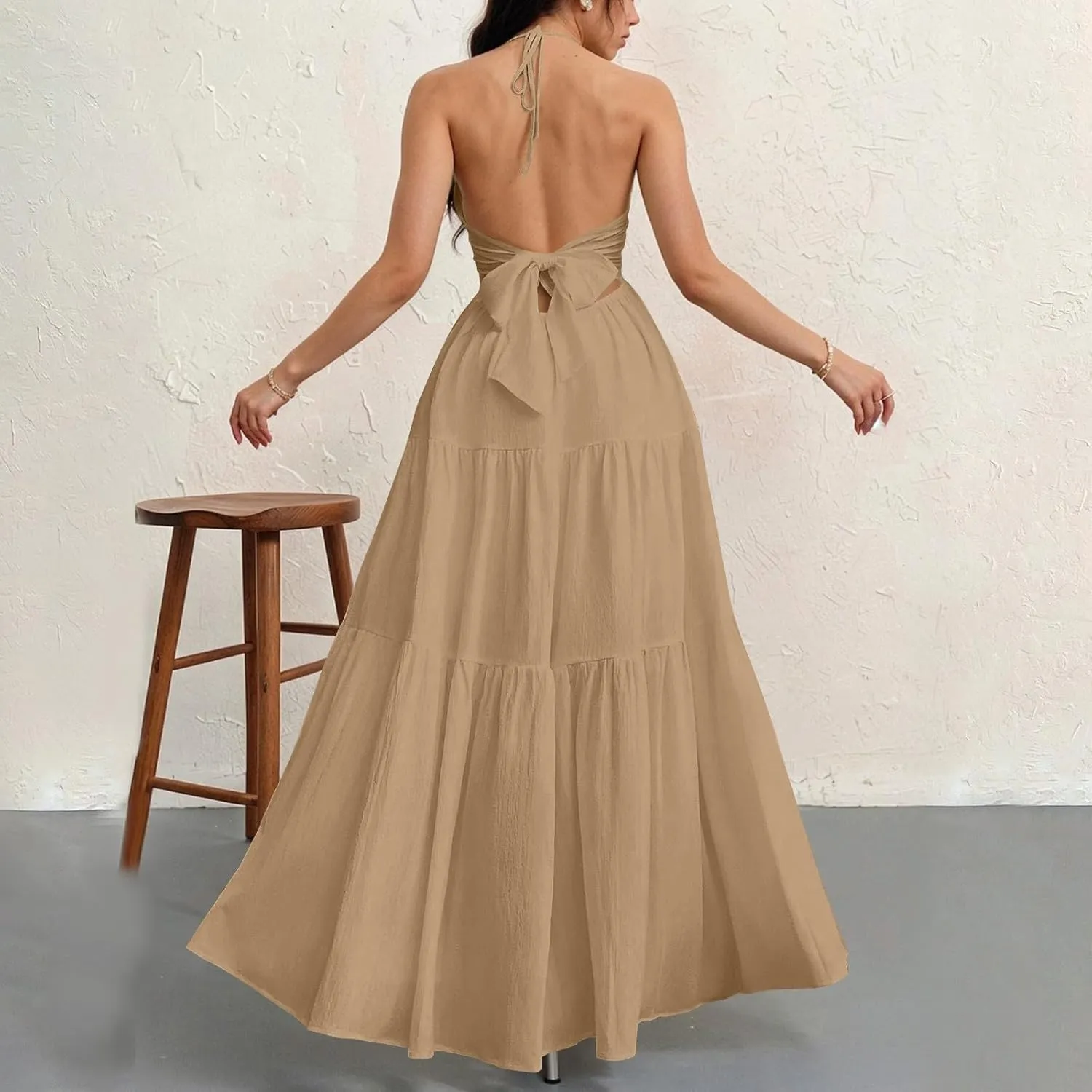 Summer Dresses for Women 2025 Spaghetti Strap Halter V Neck Maxi Dress Bow Tie Backless Ruffle A Line Prom Dress