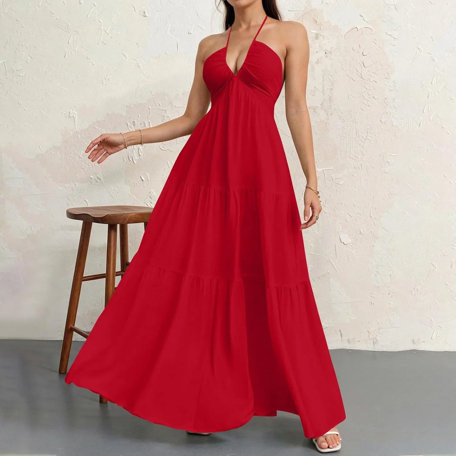 Summer Dresses for Women 2025 Spaghetti Strap Halter V Neck Maxi Dress Bow Tie Backless Ruffle A Line Prom Dress