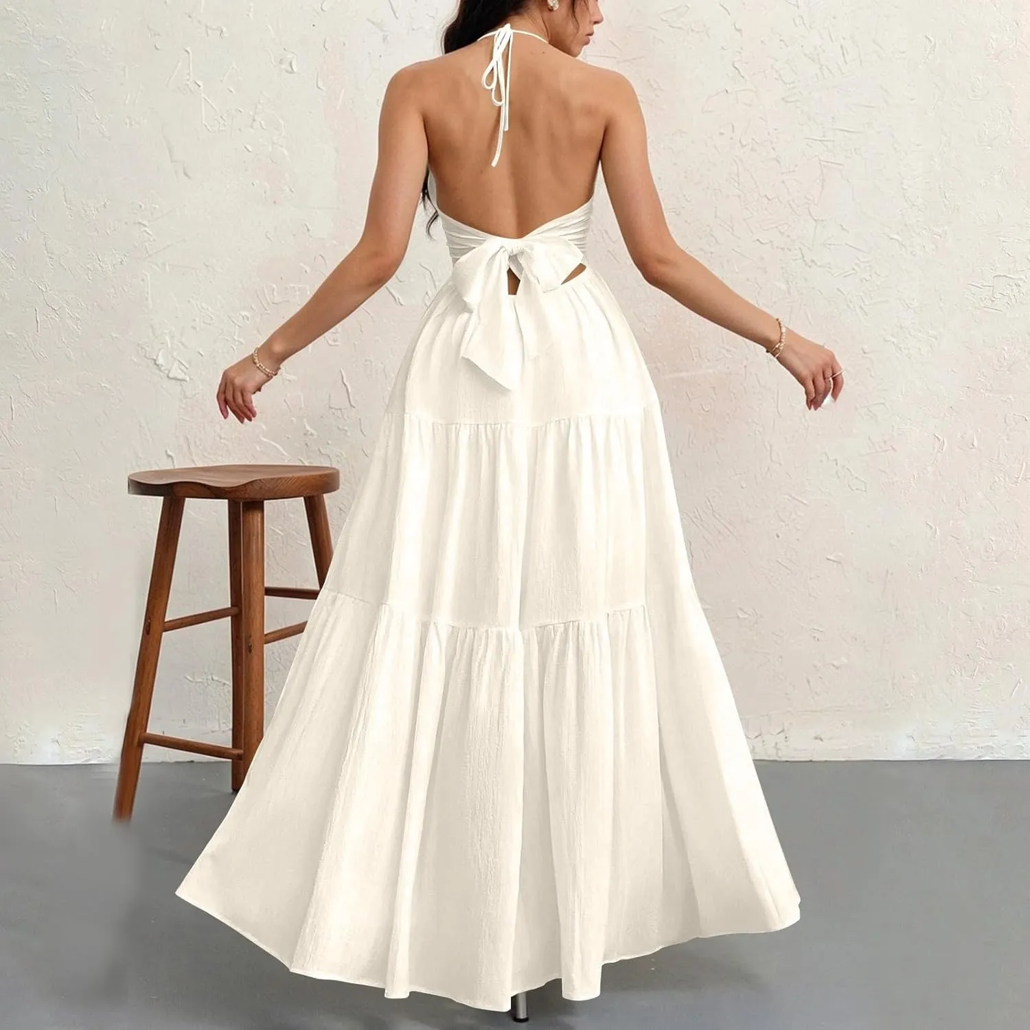 Summer Dresses for Women 2025 Spaghetti Strap Halter V Neck Maxi Dress Bow Tie Backless Ruffle A Line Prom Dress