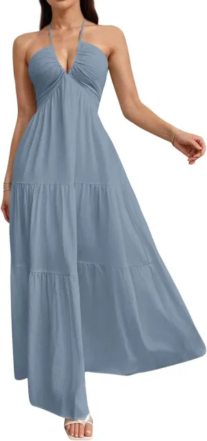 Summer Dresses for Women 2025 Spaghetti Strap Halter V Neck Maxi Dress Bow Tie Backless Ruffle A Line Prom Dress