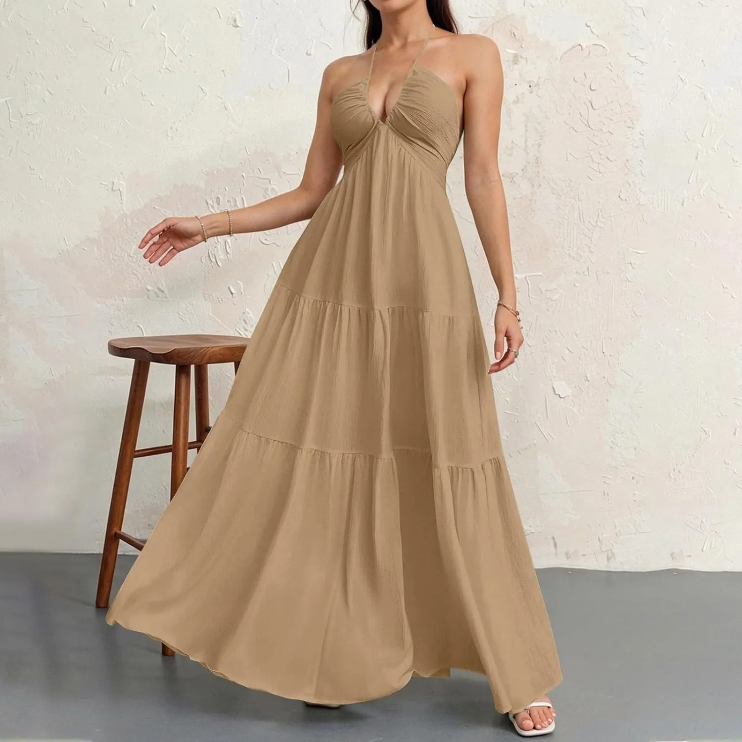 Summer Dresses for Women 2025 Spaghetti Strap Halter V Neck Maxi Dress Bow Tie Backless Ruffle A Line Prom Dress