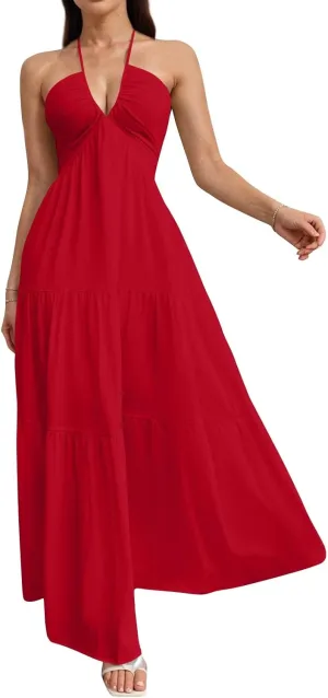 Summer Dresses for Women 2025 Spaghetti Strap Halter V Neck Maxi Dress Bow Tie Backless Ruffle A Line Prom Dress