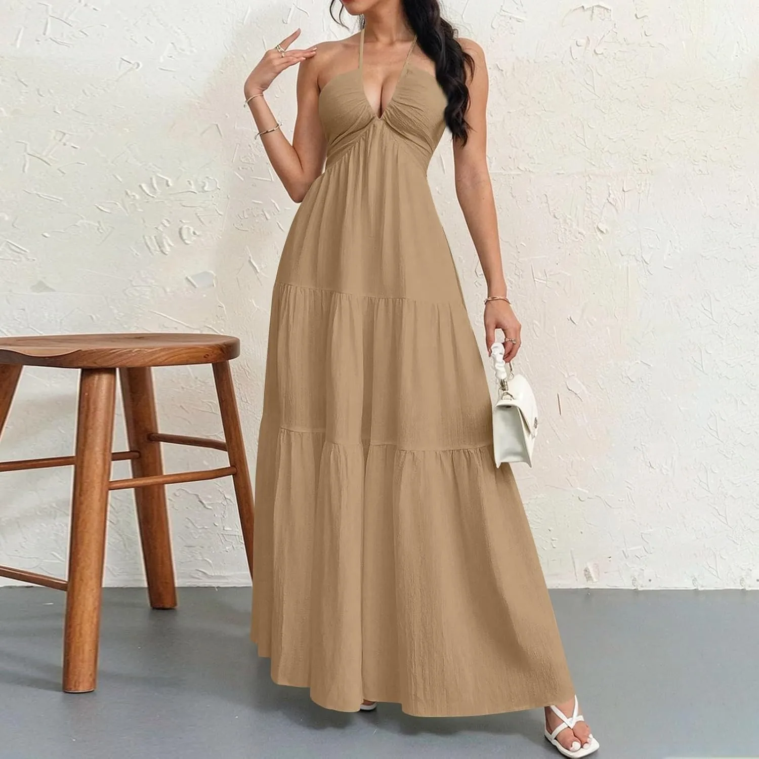 Summer Dresses for Women 2025 Spaghetti Strap Halter V Neck Maxi Dress Bow Tie Backless Ruffle A Line Prom Dress