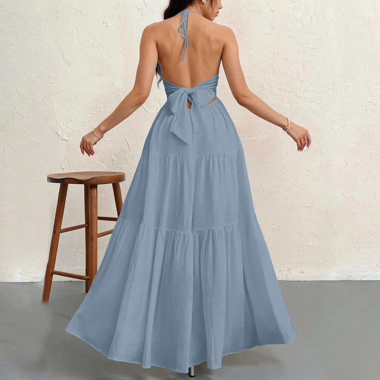 Summer Dresses for Women 2025 Spaghetti Strap Halter V Neck Maxi Dress Bow Tie Backless Ruffle A Line Prom Dress