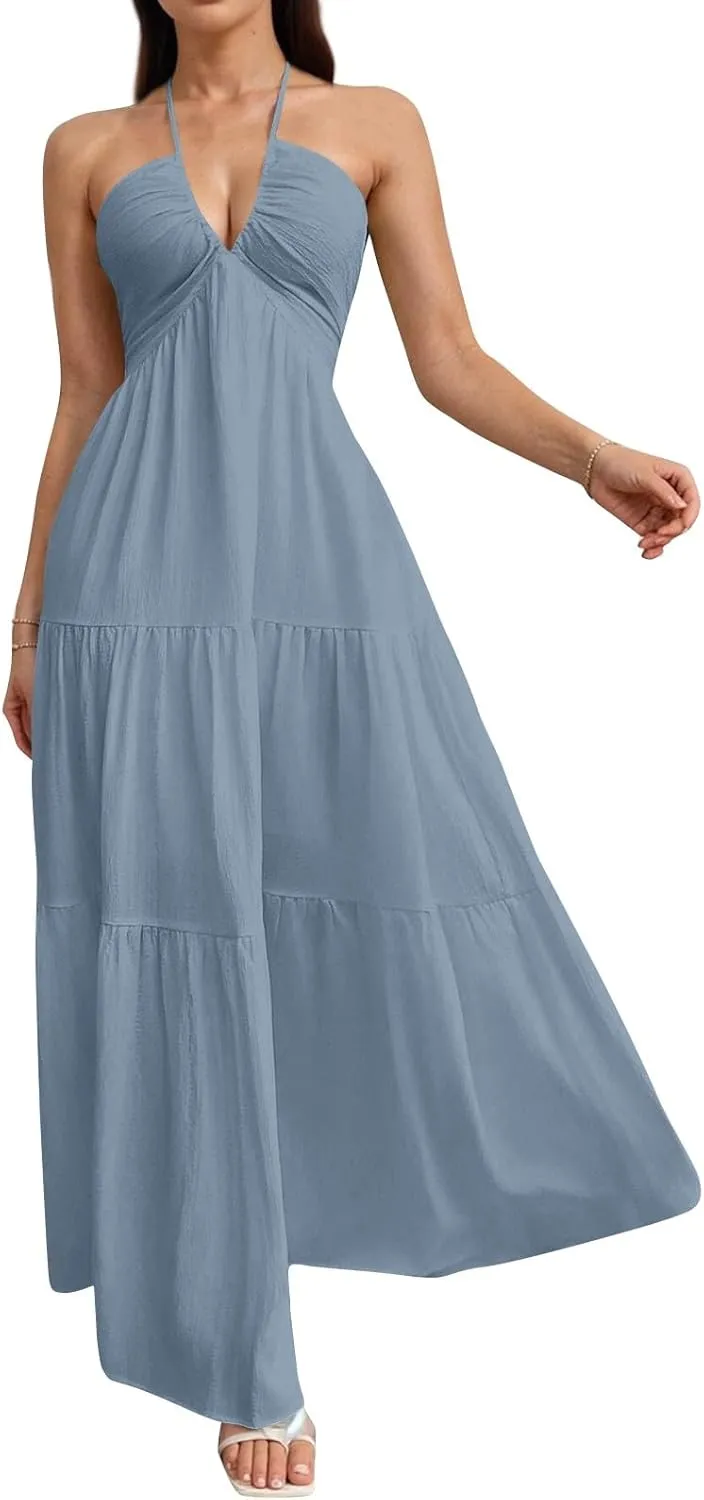 Summer Dresses for Women 2025 Spaghetti Strap Halter V Neck Maxi Dress Bow Tie Backless Ruffle A Line Prom Dress