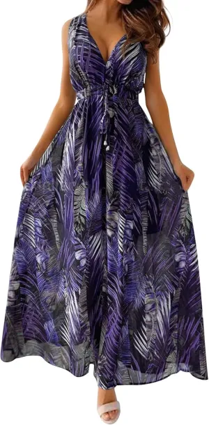 Summer Dresses for Women 2025 Trendy Sleeveless V Neck Floral Hawaiian Dress Flowy Maxi Sexy Beach Sundresses