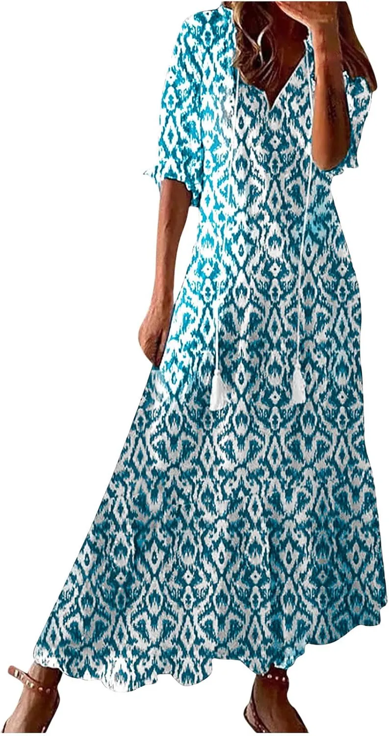 Summer Dresses for Women 2025 V Neck Bohemian Maxi Dress Short Sleeve Boho Dresses Casual Flowy Beach Dress