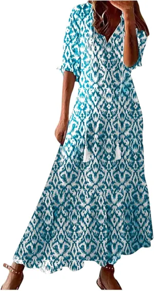 Summer Dresses for Women 2025 V Neck Bohemian Maxi Dress Short Sleeve Boho Dresses Casual Flowy Beach Dress