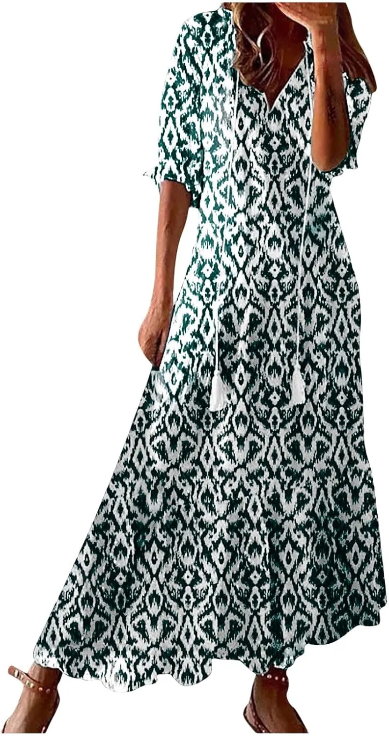 Summer Dresses for Women 2025 V Neck Bohemian Maxi Dress Short Sleeve Boho Dresses Casual Flowy Beach Dress