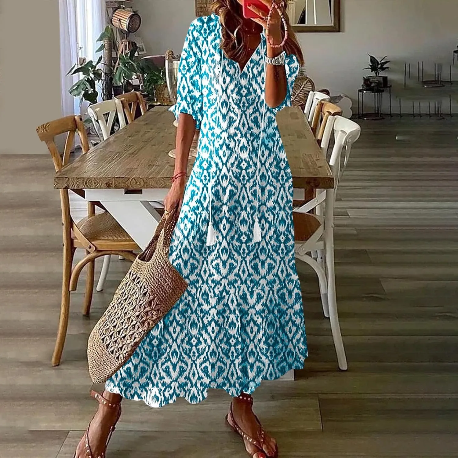 Summer Dresses for Women 2025 V Neck Bohemian Maxi Dress Short Sleeve Boho Dresses Casual Flowy Beach Dress