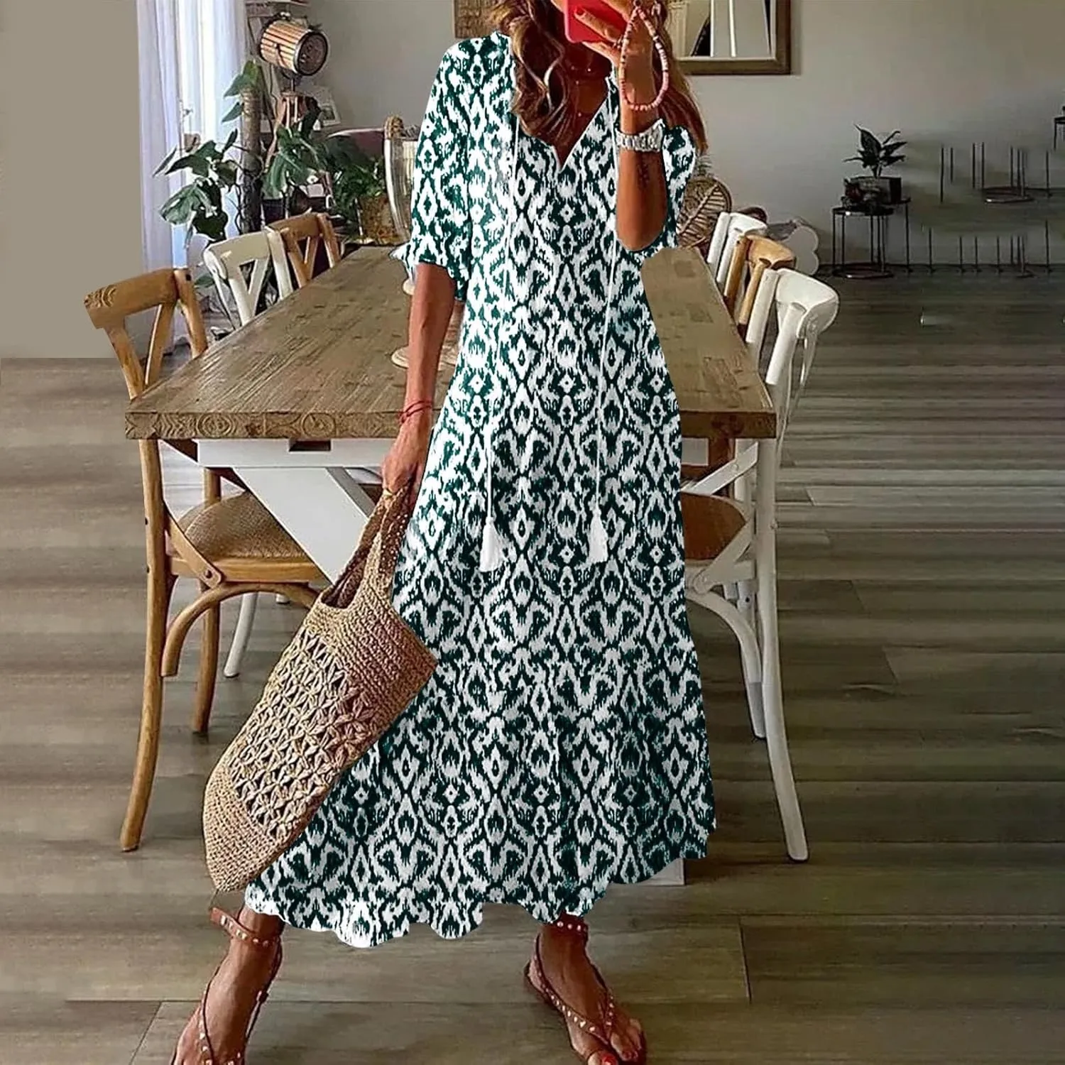 Summer Dresses for Women 2025 V Neck Bohemian Maxi Dress Short Sleeve Boho Dresses Casual Flowy Beach Dress