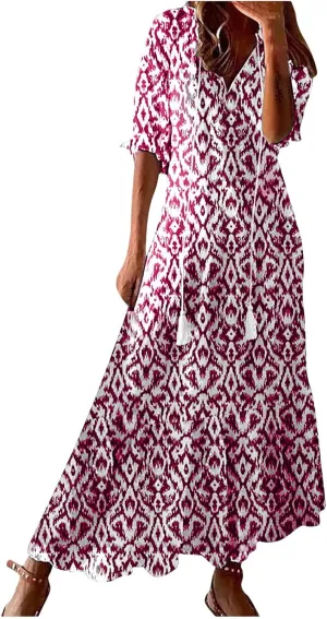 Summer Dresses for Women 2025 V Neck Bohemian Maxi Dress Short Sleeve Boho Dresses Casual Flowy Beach Dress