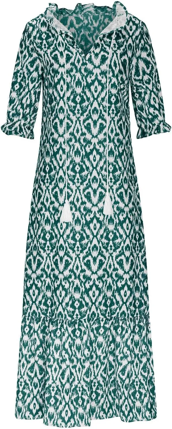 Summer Dresses for Women 2025 V Neck Bohemian Maxi Dress Short Sleeve Boho Dresses Casual Flowy Beach Dress