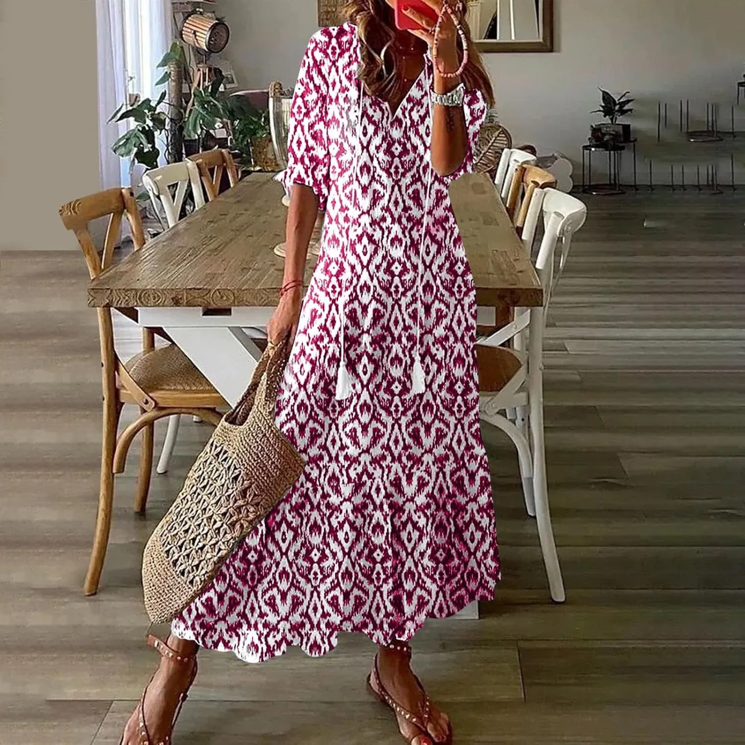 Summer Dresses for Women 2025 V Neck Bohemian Maxi Dress Short Sleeve Boho Dresses Casual Flowy Beach Dress