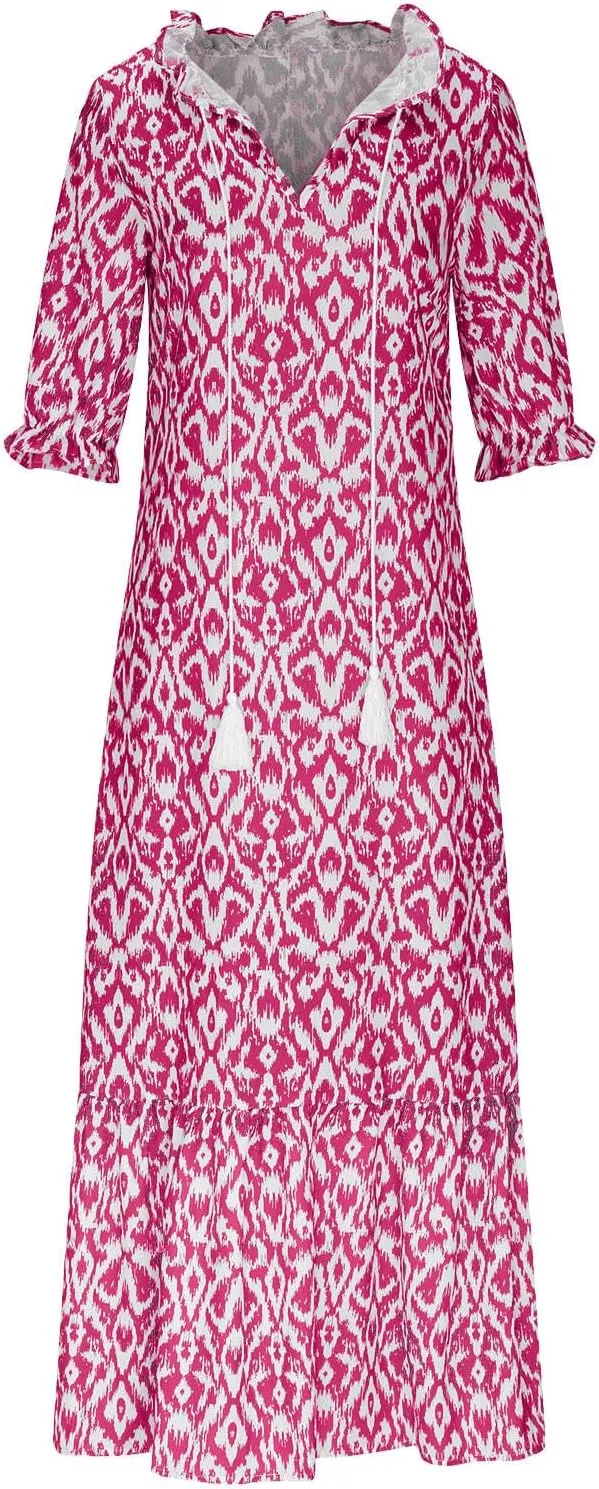 Summer Dresses for Women 2025 V Neck Bohemian Maxi Dress Short Sleeve Boho Dresses Casual Flowy Beach Dress