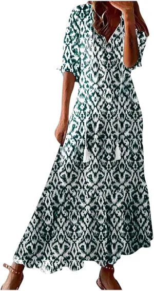 Summer Dresses for Women 2025 V Neck Bohemian Maxi Dress Short Sleeve Boho Dresses Casual Flowy Beach Dress