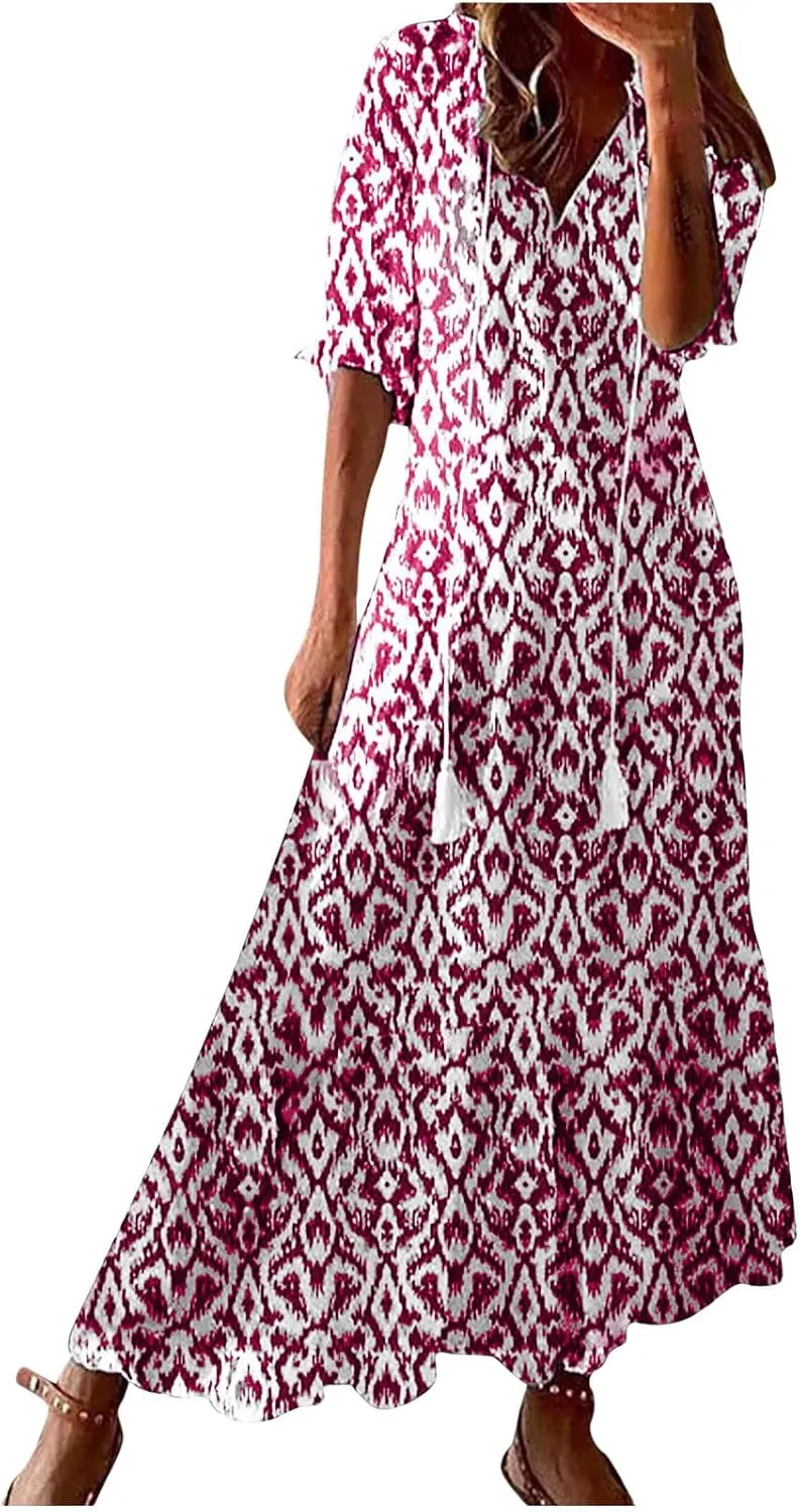 Summer Dresses for Women 2025 V Neck Bohemian Maxi Dress Short Sleeve Boho Dresses Casual Flowy Beach Dress