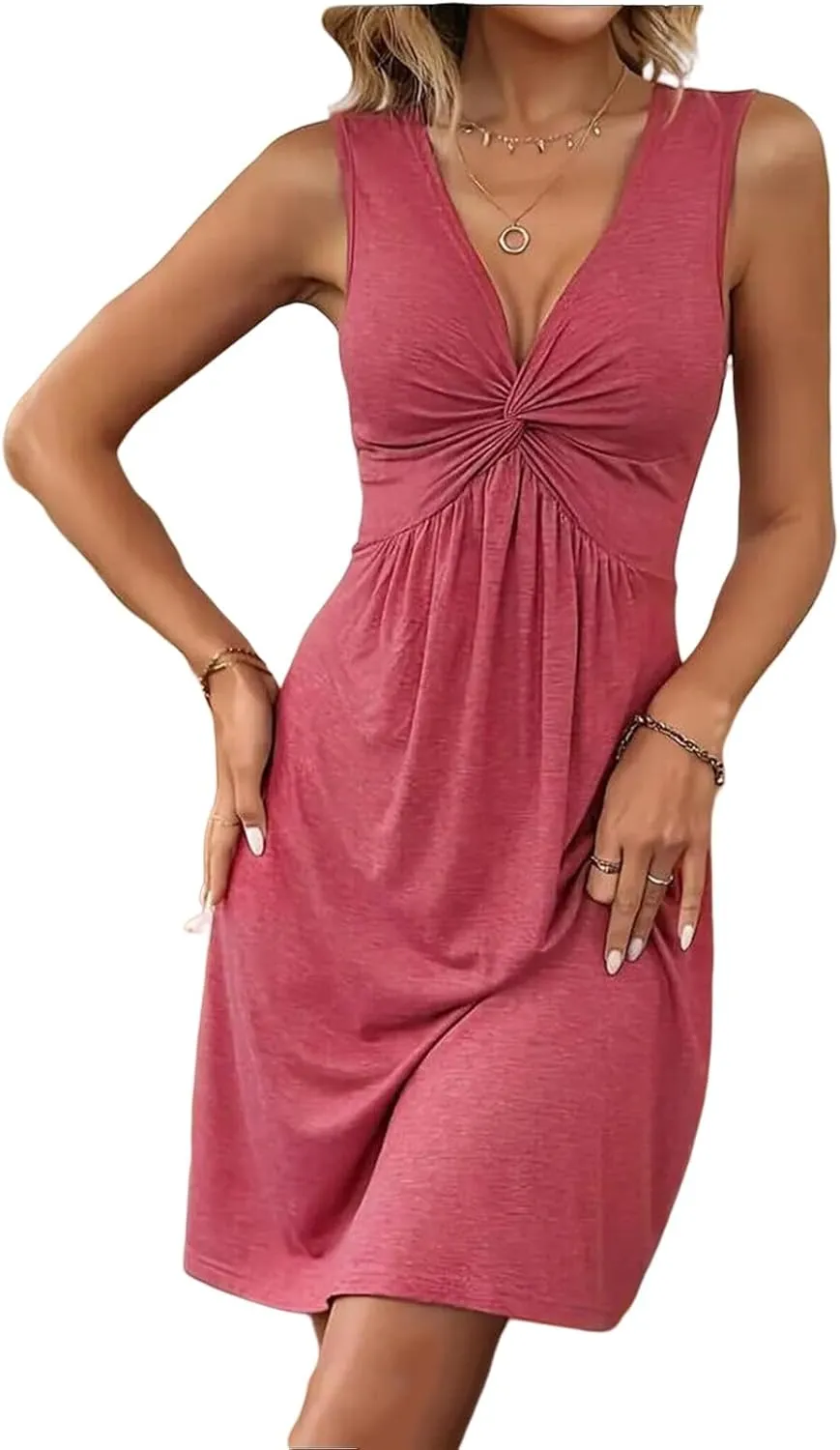 Summer Dresses for Women Front Knotted Sleeveless Tank Dress Dressy V Neck Maxi/Mini Dresses Beach Vacation Outfits