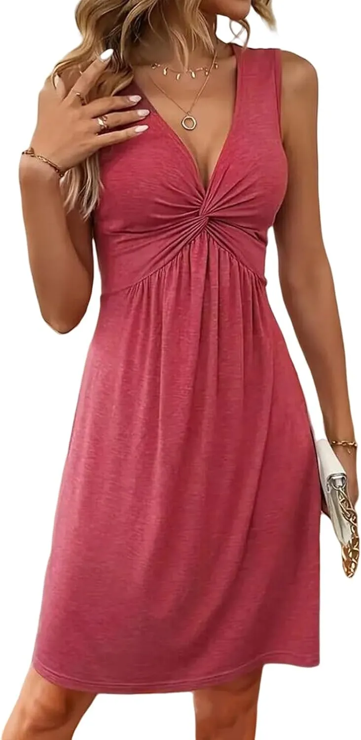 Summer Dresses for Women Front Knotted Sleeveless Tank Dress Dressy V Neck Maxi/Mini Dresses Beach Vacation Outfits